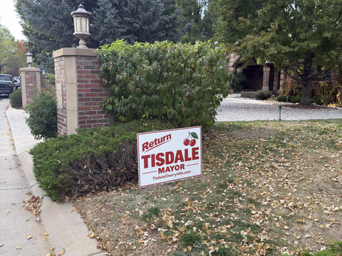 A Doug Tisdale sign on a lawn near a landscaped entrance.